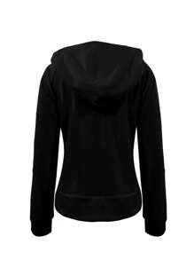 Sudadera con capucha de unicolor casual con cremallera frontal para mujeres, ideal para graduación, maestros y regreso a clases en otoño - Negro - Ver 2