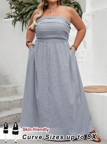 SHEIN CURVE+ 大码女士度假条纹褶皱口袋休闲连衣裙，曲线加大码，波西米亚风度假，女士夏季服装，女士海滩服装/沙滩裙/海滩度假服装/海滩必备品/毕业/茶会礼服 - 黑與白 - 查看 4