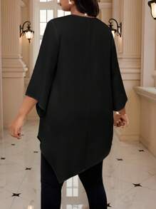 SHEIN Lady Plus Size Women Solid Round Neck 3/4 Sleeve Loose Asymmetric Hem Elegant Blouse - Black - View 3