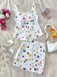 SHEIN Ensemble de deux pièces pour adolescentes, composé d'un haut sans manches à encolure en U imprimé de fleurs tissées beiges et de dentelle, et d'une mini-jupe. Style décontracté pour les jours fériés et festivals, style bohème, convient pour le printemps et l'été, le déjeuner