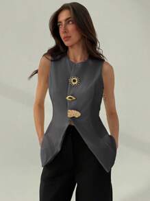 Aloruh 简约优雅圆领修身金属装饰开衩女式办公室西装外套，秋冬