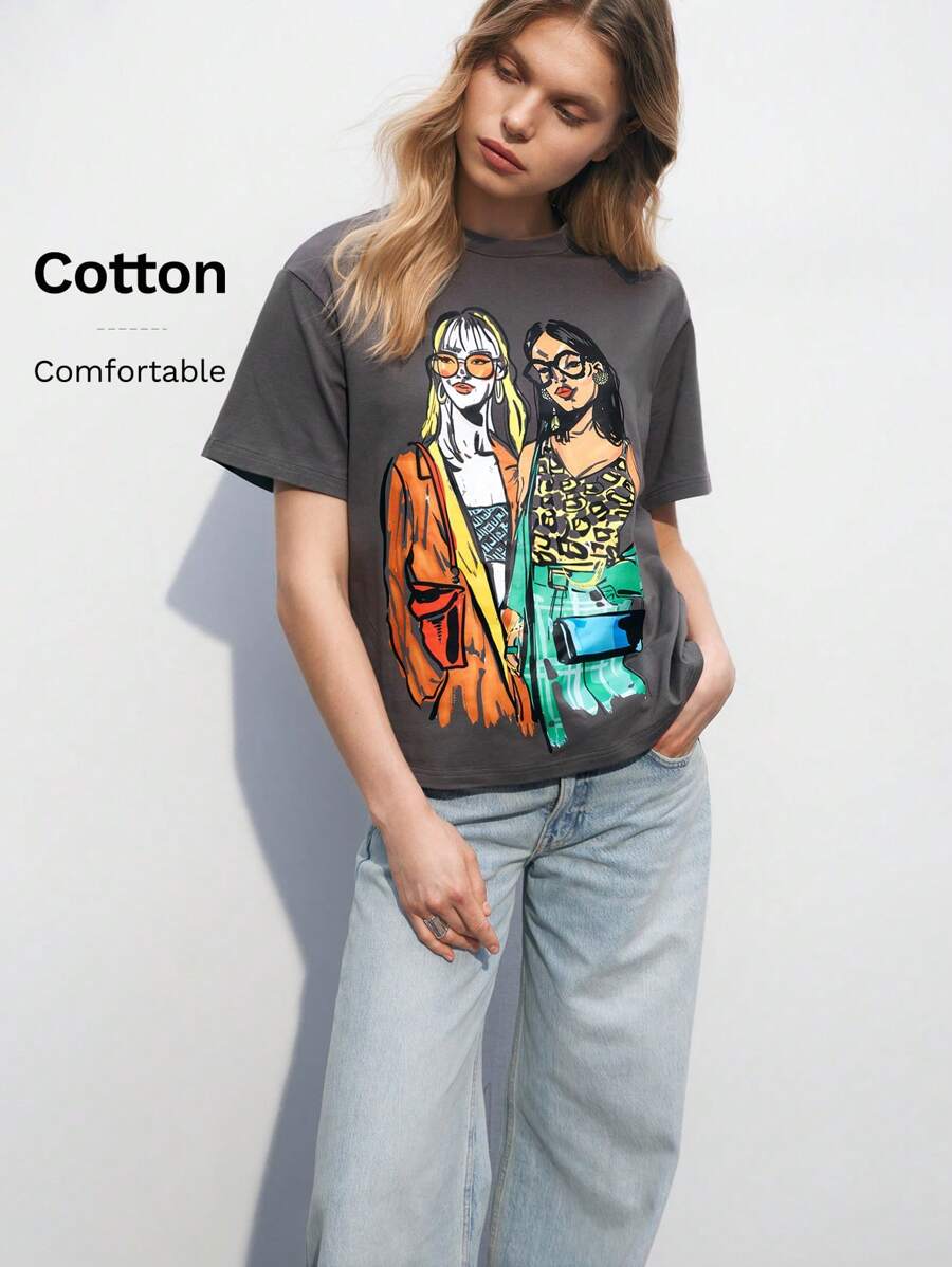 Maija 2026 Spring & Summer Women's Figure Graphic Round Neck Cartoon Printed Summer T-Shirt, St Patrick's Day Easter Party Top Holiday Beach Vacation Summer Going Out Graduation - Grey - View 1