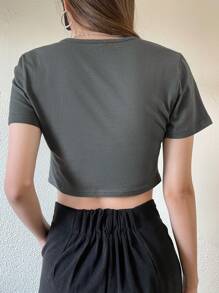 DAZY Letter Patched Curved Hem Tee Summer,Crop Tops Women Preppy Tops - Grey - View 2