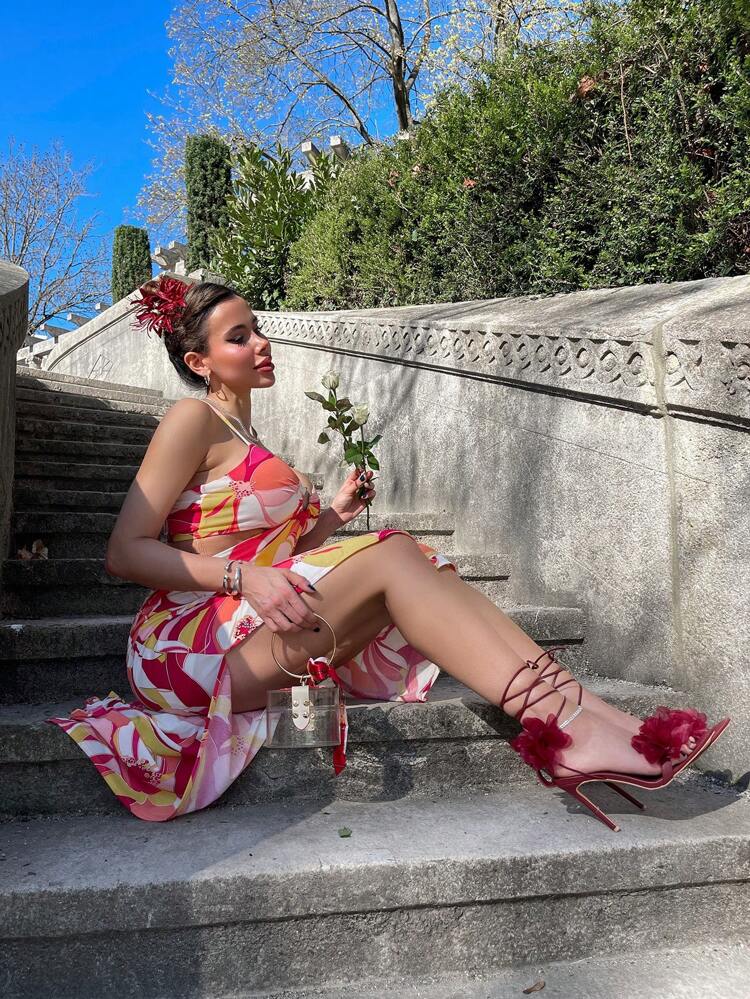 CUCCOO SZL Women's Red Lace Floral Strap Pointed Toe High Heel Sandals, Elegant For Commute, Date, Wedding, Office, Formal Party Prom Heels For Christmas Spring Shoes Prom Heels