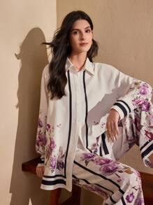 Graceveil 2 件套：女式长袖花卉印花衬衫和松紧腰裤，春夏季