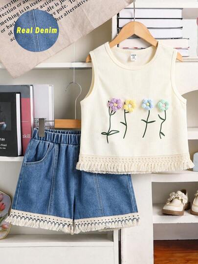 SHEIN 2 Peças Conjunto de Shorts Formais Fofos e Doces para Meninas, com Textura de Tecido, Bordado e Padrão de Flor 3D de Denim com Franjas, Adequado para Uso Diário, Casual, Férias, Encontros