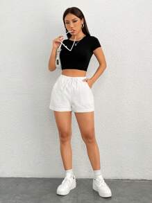 SHEIN PETITE Women'S Solid Color Elastic Waistband Shorts With Slanted Pockets - White - View 6