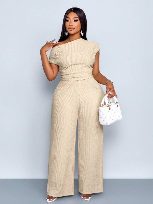 SOLERSUN Plus Size Women's Solid Color Asymmetric Neckline Pleated Slim Fit T-Shirt And Wide-Leg Pants Two Pieces Set, Off-Shoulder Suit, Spring And Summer Style, Beach Vacation