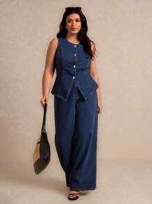 Elaquor Conjunto de 2 piezas de talla grande de denim: chaleco sin mangas y pantalones