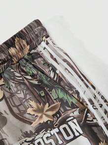Manfinity Streetrush Shorts de hombre estilo urbano versátil con estampado de camuflaje y letras en diseño holgado