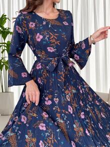 Modelyn 花卉印花荷叶边下摆 A 字迷你连衣裙 - 藍色 - 查看 3