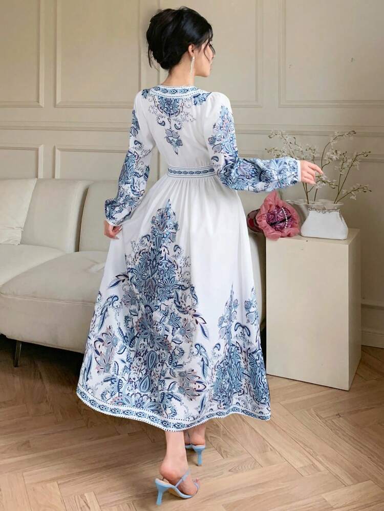 Women's Bohemian Style Ditsy Floral Allover Print Long Sleeve V-Neck Dress,Fall Dress Maxi Dress Boho Vacation Outfits Women