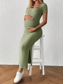 SHEIN Đầm bầu tay ngắn cổ vuông màu trơn xẻ tà đơn giản cho bà bầu - màu xanh lá - Xem 4