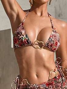 SHEIN Swim 3 pezzi set da bagno: top a triangolo senza ferretto con stampa casuale, pantaloncini da bagno con lacci laterali e pareo lungo in rete, costume da bagno da donna per vacanze estive in spiaggia