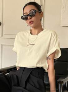 DAZY Camiseta de cuello redondo con gráfico de letras, camiseta holgada de verano
