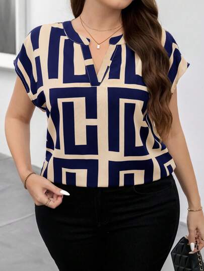 SHEIN Clasi Blusa Elegante de Estampa Geométrica Plus Size, Adequada para Trabalho e Professores, Casual Business para Mulheres