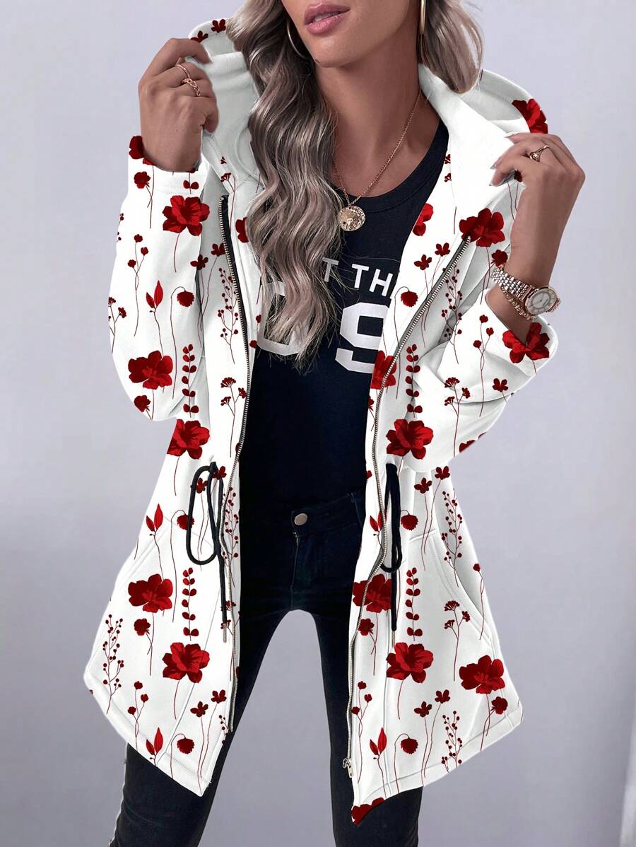 SHEIN LUNE Women's Casual Holiday Drawstring Pocket Hooded Sweatshirt, Long Thin Printed Fleece Jacket - Multicolor - View 1