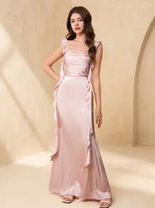 SHEIN Flower Girl & Teens Girl Formal Ruffled Strap Satin Mermaid Dress, Suitable For Wedding, Prom, Birthday Party, Performance