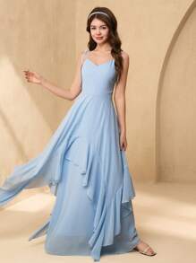 SHEIN Long Chiffon V-Neck Asymmetrical Hem Bridesmaid Dress, Suitable For Flower Girl, Teenager, Wedding, Party, Birthday