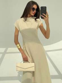 Aloruh New Minimalist Asymmetrical Neck Short Sleeve Ruched Decor High Waisted A-Line Midi Dress, Commuting Versatile,Graduation Dresses