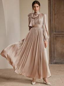 Anewsta Women's Long Dress, Spring/Autumn, Waist Pleated, Shiny, Elegant & Versatile
