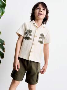 THE HAPPY LOOK Young Boys Summer Beach Coconut Tree Print Shirt And Shorts Set