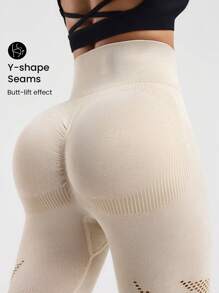 SHEIN Sports Apricot Leggings For Women: Seamless High-Waisted Design With Breathable Contrast Mesh And 4-Way Stretch - Apricot - View 2