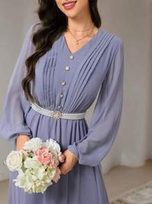 Veilorie Vestido elegante de estilo árabe para mujer con cuello en V, mangas farol y pliegues en color liso