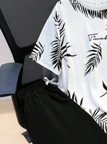 SHEIN 2pcs Set Teen Boy's Tropical Print Tee & Drawstring Waist Shorts;Spring Wear; Teen Boys' Clothing; Teen Boy' Jackets, Spring Back To School - Black - View 7