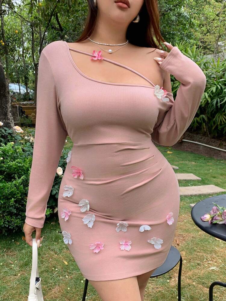 Dazy Plus 3D Flower Decor Solid Color Off Shoulder Long Sleeve Mini Dress, Pink,Fall Dress Floral Dresses For Women