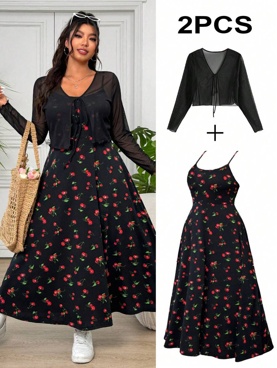 Solflare Plus Size Women's Spring/Summer 2pcs Set: Cherry Printed Long Cami Flare Dress + Black Mesh Top,Mother Day Outfit - Multicolor - View 1