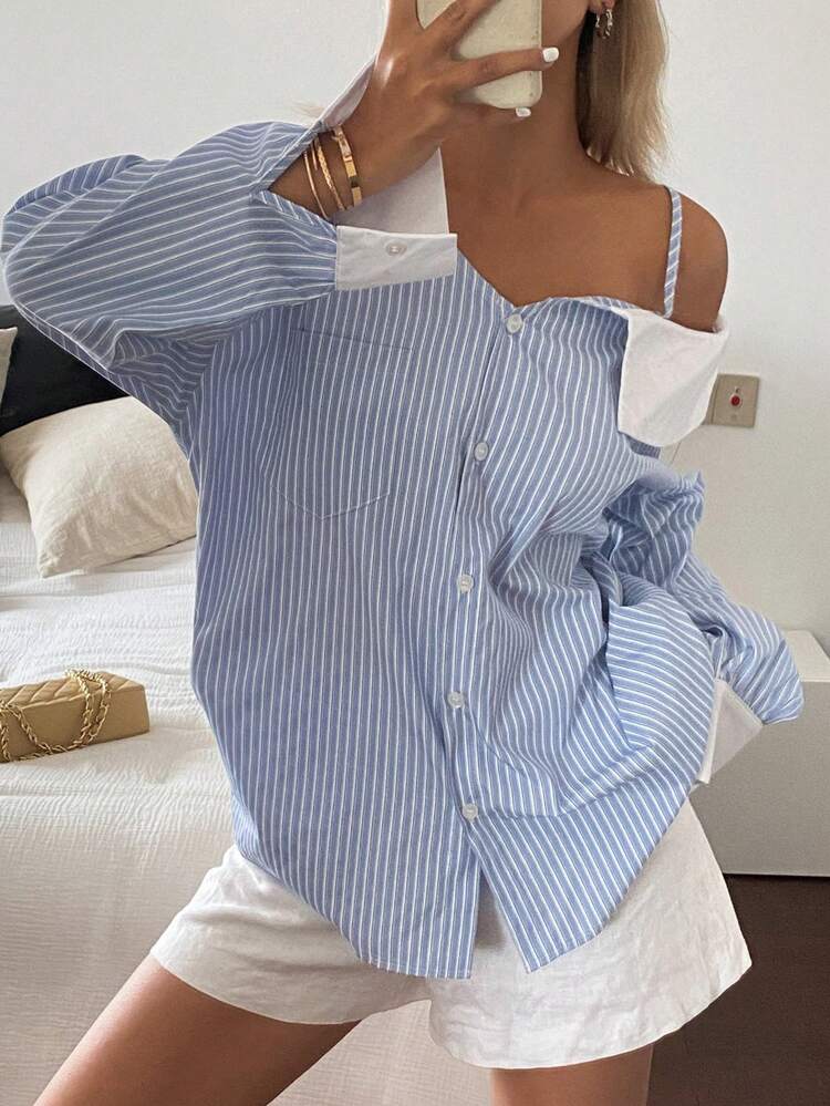 Striped Patchwork Contrast Color Off Shoulder Long Sleeve Loose Summer Blouse For Women