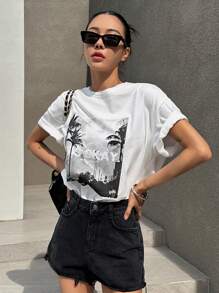 DAZY 熱帶印花和字母圖案落肩T恤 - 白色 - 查看 9
