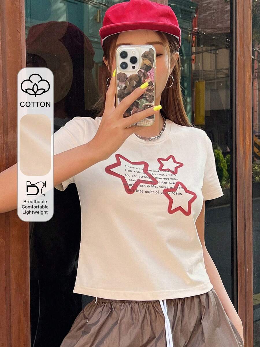 DAZY 星号和标语图案 T 恤我拥有更多我要做一件事 Ve 和 Treca Alled 我想要的你比你知道的更强大 Alwa Better Sido 这里是生活，这里有 Appe 不要忘记你的梦想 Y2k - 米色 - 查看 1