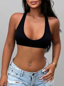 SHEIN PETITE Celana Capri Camisole Super Pendek Rajut Tanpa Jahitan Seksi Warna Polos, Wanita Bertubuh Mungil - Hitam - View 5