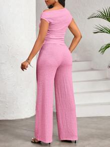 SHEIN Lady 白色弹力纹理不对称领上衣和阔腿裤配松紧腰带裤子女两件套休闲日常优雅四季皆宜