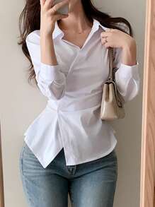 DAZY Asymmetrisches Design Langarm Raffung Taille Frauen Bluse