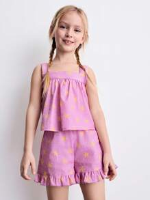 SHEIN Leap Crew Young Girls Star Print Ruffle Hem Tank Top And Star Shorts Set - Multicolor - View 1
