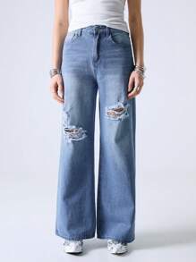 SHEIN EZwear 水洗牛仔蓝高腰破洞阔腿牛仔裤 - 淺色水洗藍 - 查看 1