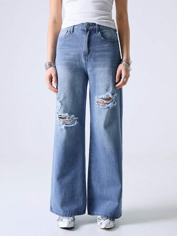 SHEIN EZwear Washed Denim Blue High Waist Ripped Wide Leg Jeans