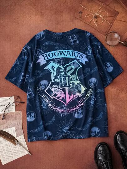HARRY POTTER X SHEIN Tween Boy Loose Fit Hogwarts Badge Pattern Short Sleeve T-Shirt