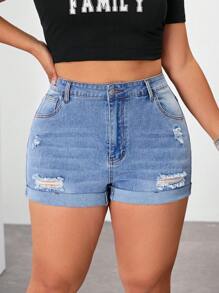 SHEIN ICON Shorts vaqueros skinny rasgados de talla grande, de uso casual de verano - Azul - Ver 6