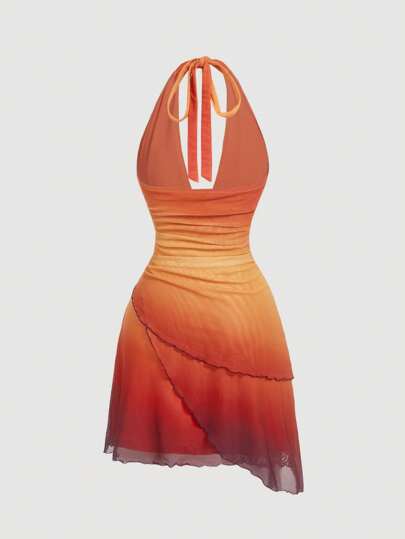 SHEIN MOD Ombre Bowknot Lace-Up Asymmetric Backless Halter Neck Dress,Summer Dresses For Women,Boho,Beach,Western,Vacation,Casual,Party,Orange Dress In Women,Tea Party Dress,Vintage Dress