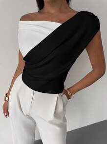 Firerie 女士优雅简约精致时尚性感日常通勤音乐节假日不对称荷叶边撞色短款上衣，春夏