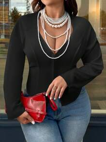 SHEIN Unity Plus Size Elegant Sexy Solid Color Slim Fit Shirt - Black - View 1