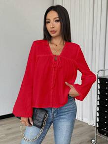 Chiquease Áo cánh buộc trước tay đèn lồng màu trơn đơn giản thời trang rộng rãi cho nữ - Đỏ - Xem 3