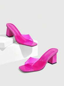 CUCCOO SZL Women's Summer New Solid Color Square Toe Chunky Heel Sexy Minimalist Pink PVC High Heel Sandals, Suitable For Fashion Parties, Bars, Nightclubs, Music Festival - Hot Pink - View 3