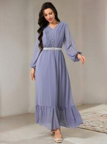 Veilorie Vestido elegante de estilo árabe para mujer con cuello en V, mangas farol y pliegues en color liso