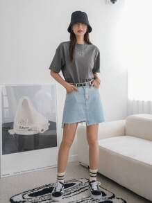 DAZY Cartoon Graphic Drop Shoulder Tee Summer - Grey - View 4