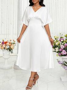 SHEIN Lady Plus Size White Satin Women's Elegant Solid Batwing Sleeve Formal Party Dresses - White - View 1